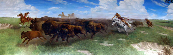 Mural of Native Americans hunting buffalo on horseback by Sidney King at Aurora Plainsman Museum. Aurora, NE.