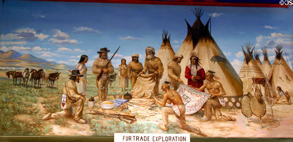 Mural of exploration by fur traders by Sidney King at Aurora Plainsman Museum. Aurora, NE.