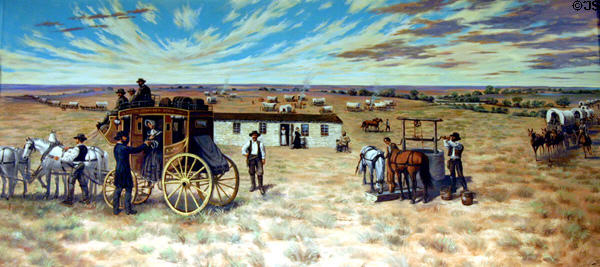 Mural of Deepwell Ranch, a stop on stage coach & cross country route, noted for its clean water by Sidney King at Aurora Plainsman Museum. Aurora, NE.