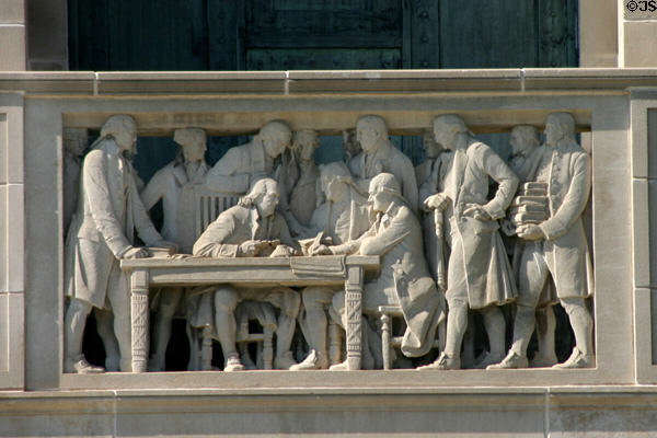 Writing the American Constitution (1789) sculpted on Nebraska State Capitol. Lincoln, NE.