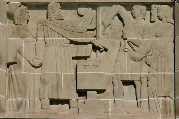 Solon giving a new constitution to Athens (c570 BCE)sculpted on Nebraska State Capitol. Lincoln, NE.