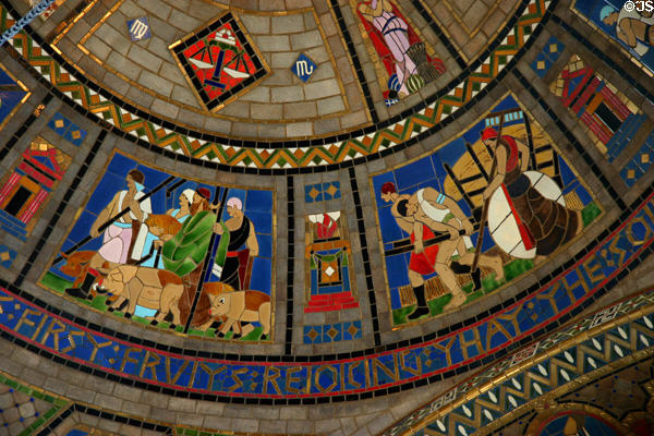 Tending pigs & harvesting hay detail of ceiling mosaic in Nebraska State Capitol. Lincoln, NE.