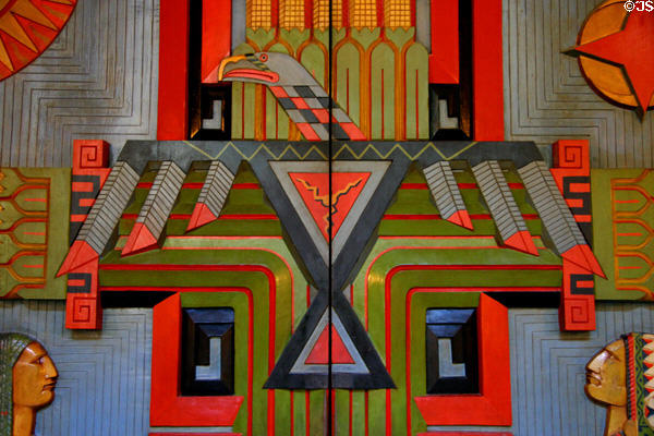 Thunderbird detail of Warner Chamber doors in Nebraska State Capitol. Lincoln, NE.