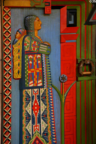 Native woman with papoose detail of Warner Chamber doors in Nebraska State Capitol. Lincoln, NE.