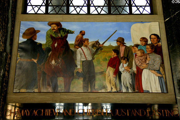Painting of settlers moving westward (1997) by S.C. Roberts on observation tower of Nebraska State Capitol. Lincoln, NE.