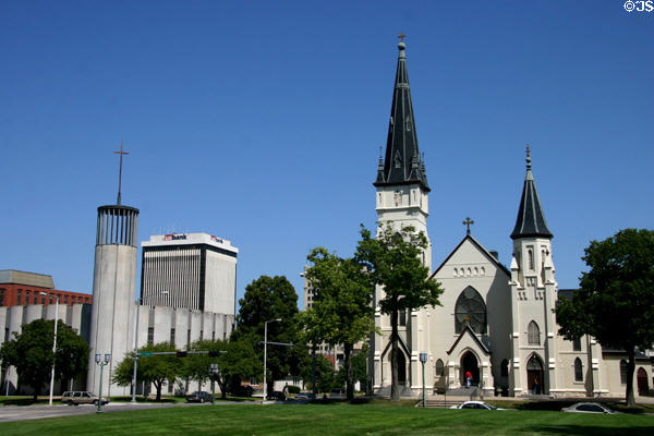 First Baptist Church & St. Mary's Catholic Church opposite State Capitol. Lincoln, NE.