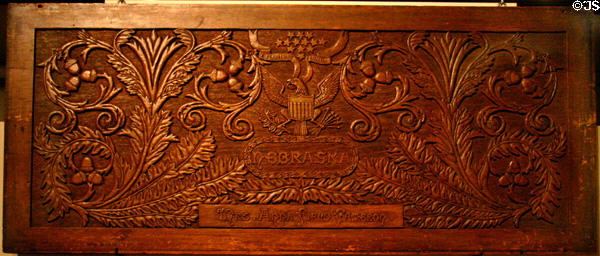 Wood carving by Mrs. A.F. Cameron displayed in the women's building of the 1893 World's Columbian Exposition in Museum of Nebraska History. Lincoln, NE.