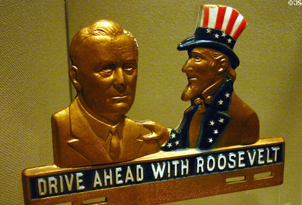 Campaign plaque for F.D. Roosevelt in Museum of Nebraska History. Lincoln, NE.