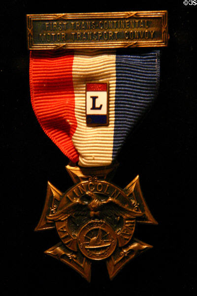 Medal from First Transcontinental Motor Transport Convoy over Lincoln Highway in Museum of Nebraska History. Lincoln, NE.