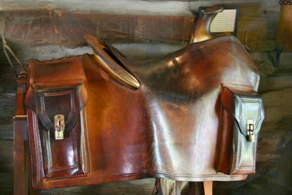Replica Pony Express mochila & saddle (1860) at Warp Pioneer Village. Minden, NE.