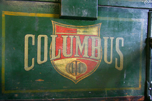 Columbus sign on horse-drawn freight wagon at Warp Pioneer Village. Minden, NE.