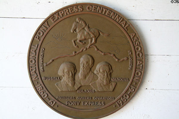 Plaque celebrating Pony Express Centennial (1960) showing Russell, Majors & Waddell at Scout's Rest. North Platte, NE.