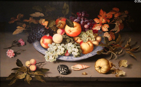 Still Life of Fruit on Kraak Porcelain Dish painting (1617) by Balthasar van der Ast of Delft at Currier Museum of Art. Manchester, NH.