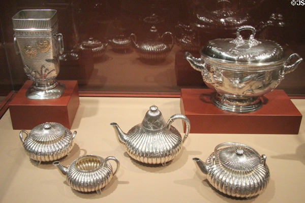 Silver vase (1880) by Gorham, tea service (c1870) by William Durgin, soup tureen (c1880) by Whiting, & tea kettle on stand (c1910) by Gebelein at Currier Museum of Art. Manchester, NH.