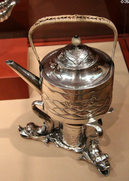 Silver tea kettle on stand (c1910) by Gebelein Silversmiths of Boston, MA at Currier Museum of Art. Manchester, NH.