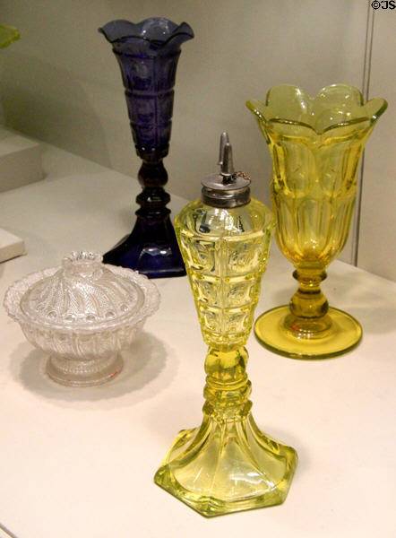 Pressed glass vases & oil lamp (1840-60) by Boston & Sandwich Glass Co. of Sandwich, MA at Currier Museum of Art. Manchester, NH.