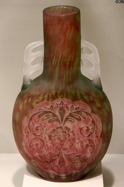 Glass lamp base etched with Chinese pattern (1920-30) by Steuben of Corning Glass at Currier Museum of Art. Manchester, NH.