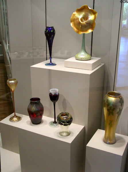 Collection of mostly Favrile glass (1893-1929) by Louis Comfort Tiffany of New York City at Currier Museum of Art. Manchester, NH.