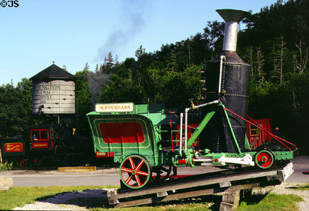 Early steam engine at the Mt Washington Cog Railway. NH.