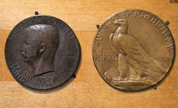 Theodore Roosevelt medal & American Eagle coin (1905) by Augustus Saint-Gaudens at Saint-Gaudens NHS. Cornish, NH.