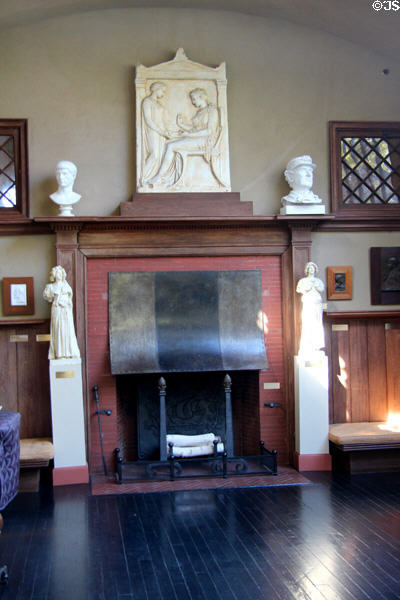 Fireplace with plaster models in Little Studio at Saint-Gaudens NHS. Cornish, NH.
