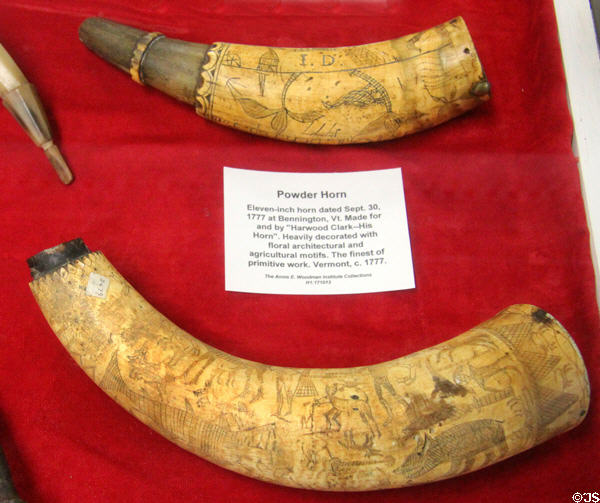 Hand engraved powder horns (1777 & 1771) at Woodman Museum. Dover, NH.