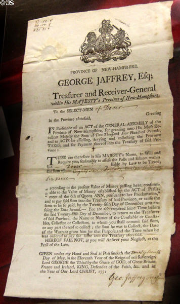 King George tax bill to citizens of Dover, NH (1771) at Woodman Museum. Dover, NH.