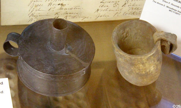 Toleware tinder box & candlestick (c1806) used in War of 1812 at Woodman Museum. Dover, NH.