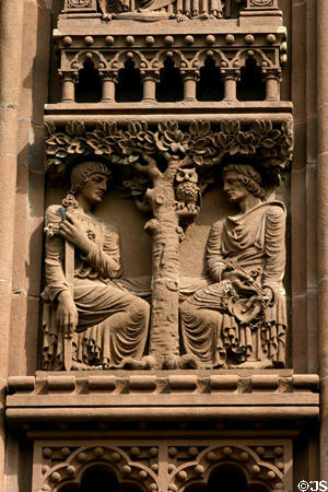 Law & justice & Old Testament story of good & evil by tree of life with owl on Alexander Hall on Princeton campus. Princeton, NJ.