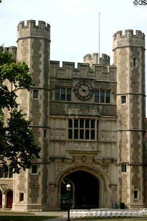 Towered gate with clock of Blair Hall (1897) on Princeton campus. Princeton, NJ. Architect: Cope & Stewardson.