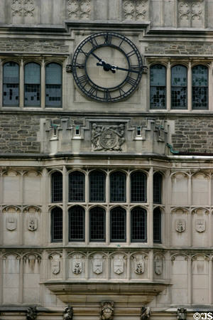 Facade details entrance tower of Blair & Buyers Halls on Princeton campus. Princeton, NJ.