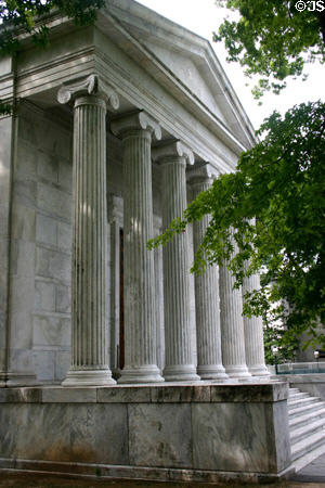 Clio & Whig Halls match each other with marble temple fronts on Princeton campus. Princeton, NJ.