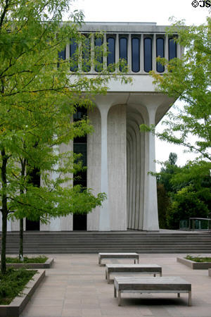 Modern columns of Robertson Hall on Princeton campus. Princeton, NJ.