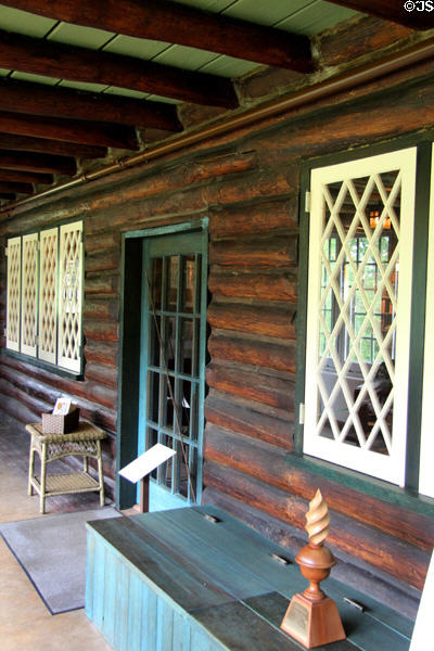 Covered porch facade at Stickley Museum at Craftsman Farms. Morris Plains, NJ.