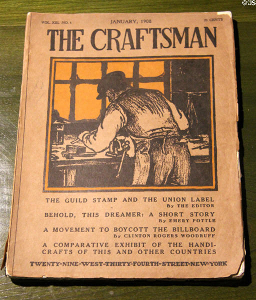 Craftsman magazine (Jan. 1908) by Gustav Stickley featuring guilds & union labels at Stickley Museum at Craftsman Farms. Morris Plains, NJ.