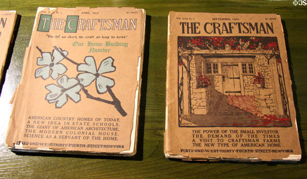 Craftsman magazines (Apr. 1913 + Sept. 1910) by Gustav Stickley featuring home building & craftsman farms at Stickley Museum at Craftsman Farms. Morris Plains, NJ.