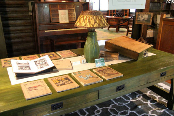 Rectangular table set with Arts & Crafts objects at Stickley Museum at Craftsman Farms. Morris Plains, NJ.