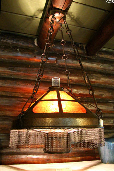Copper, wrought iron & glass hanging oil lamp #291 (c1903-11) by Craftsman Workshops of Eastwood, NY at Gustav Stickley Museum at Craftsman Farms. Morris Plains, NJ.
