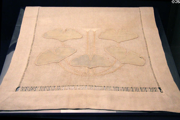 Arts & Crafts linen embroidery table scarf with Ginkgo design (c1910-1) by Craftsman Workshops of Eastwood, NY at Stickley Museum at Craftsman Farms. Morris Plains, NJ.