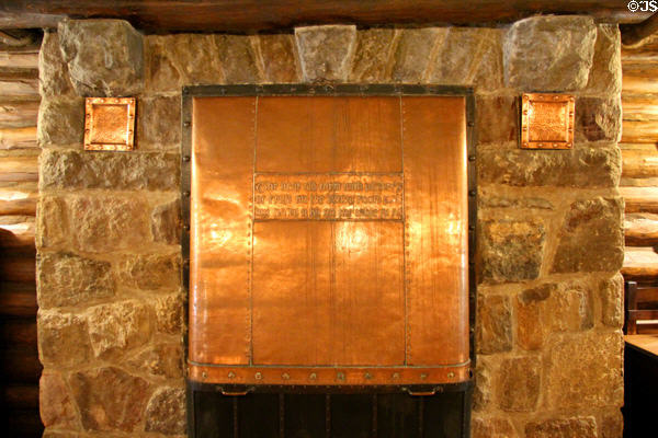 Dining room fireplace copper repousse slogan at Craftsman Farms. Morris Plains, NJ.