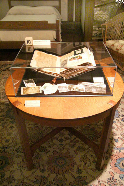 Oak coffee table #645 (c1909-11) by Craftsman Workshops of Eastwood, NY displays scrapbook of Marion Stickley (c1910-17) at Gustav Stickley Museum at Craftsman Farms. Morris Plains, NJ.