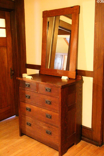 Oak & iron chest of drawers #621 (c1902-04) & oak mirror (c1901-04) by United Crafts of Eastwood, NY at Gustav Stickley Museum at Craftsman Farms. Morris Plains, NJ.