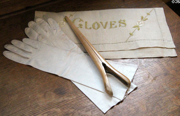 Gloves, glove bag & glove stretcher at Stickley Museum at Craftsman Farms. Morris Plains, NJ.