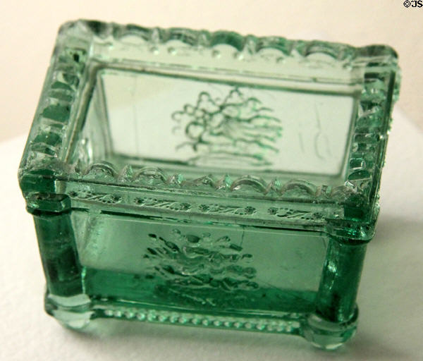 Pressed green glass salt cellar (c1827) by Jersey City Glass Co. of Jersey City, NJ at Museum of American Glass. Milville, NJ.