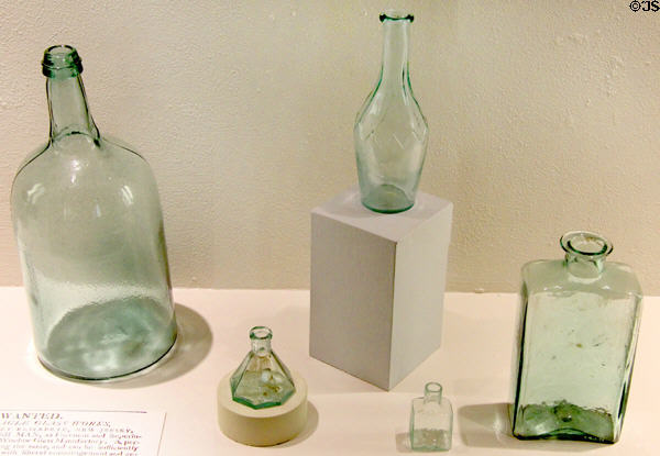 Glass bottles (1860s) made by Eagle Glass Works of Port Elizabeth, NJ at Museum of American Glass. Milville, NJ.