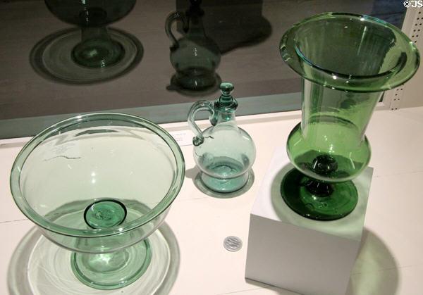 Glass compote & cruet from Pittsburgh, PA & celery dish (unknown) (all mid 19thC) at Museum of American Glass. Milville, NJ.