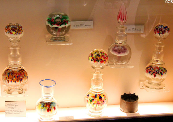 Paperweights incorporated into various objects to show it could be done (early 1900s) by workers of Whitall Tatum Co. of Millville, NJ at Museum of American Glass. Milville, NJ.