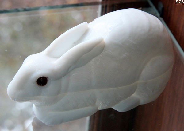 Pressed milk glass rabbit dish (1886) by Atterbury & Co. of Pittsburgh, PA at Museum of American Glass. Milville, NJ.