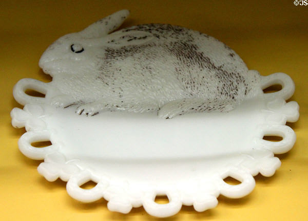 Pressed milk glass rabbit plaque (c1902) by Westmoreland Co. of Grapeville, PA at Museum of American Glass. Milville, NJ.