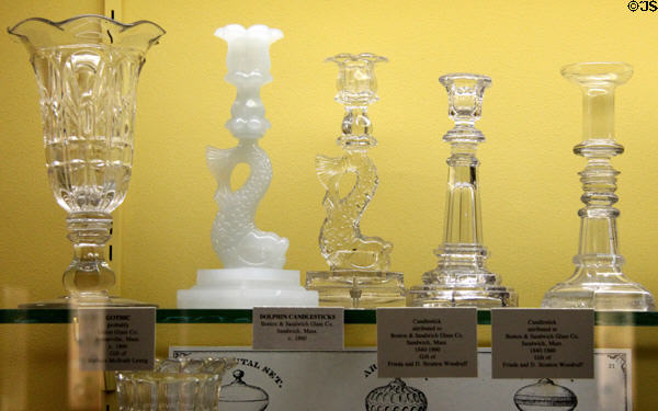Pressed glass candlestick styles (1840-60) by Boston & Sandwich Glass Co. of Sandwich, MA at Museum of American Glass. Milville, NJ.